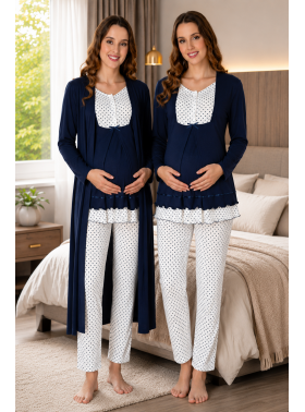 Effortt 9054 Puan Detaylı Lacivert Sabahlıklı Lohusa Pijama Takımı